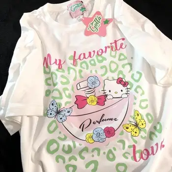 Kawaii Sanrio Hello Kitty, белая футболка с короткими рукавами, женский сладкий летний топ с японским рисунком, подарок