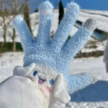 Аниме Sanrio Kuromi/ Детские Зимние Теплые Перчатки Kawaii Cinnamoroll My Melody, Вязаные Перчатки с Пятью пальцами для Мальчиков и Девочек