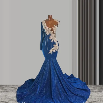 Синее блестящее Длинное вечернее платье Русалки для женщин, Блестящая аппликация с кисточками, жемчуг, черное платье для выпускного вечера для девочек, праздничное платье на День рождения