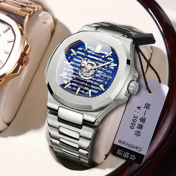 BINBOND Модные Механические часы со скелетом с синим циферблатом, мужские Роскошные Водонепроницаемые Полые мужские часы из нержавеющей стали Relogio Masculino