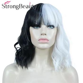 StrongBeauty Волнистые парики с челкой Средней длины, черные/Белые волосы, Синтетический термостойкий парик Wowen