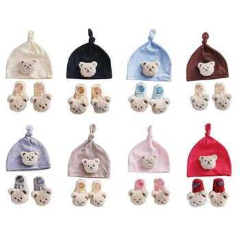 Комплект вязаных шапочек и носков, эластичная шапочка для новорожденных с мультяшными мишками-гольфами
