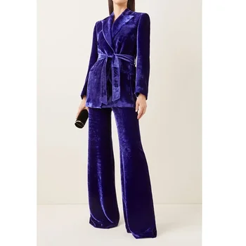 Высококачественный фиолетовый бархатный женский костюм с поясом, модный однобортный однобортный комплект из 2 предметов, официальные повседневные офисные женские брюки