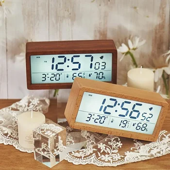 Деревянный цифровой будильник с ЖК-дисплеем времени, даты, температуры и влажности, настольные часы, декор для гостиной, спальни, электронные часы