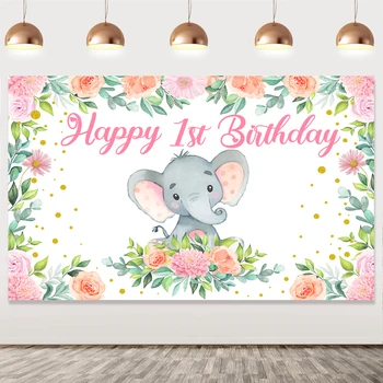Баннер на День Рождения с Розовым Слоном для Девочек, Украшения для вечеринки в честь 1-го Дня рождения, Фон Для фотографии, Декор Стен Для Фотосессии