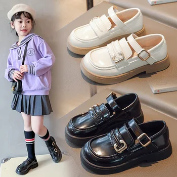 Детская обувь для девочек, детские кожаные балетки в стиле ретро с металлической пряжкой, модная классика 2023 года, абсолютно новый черный, бежевый для школьной вечеринки 26-36