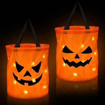 D0AD 2 пакета со светодиодной подсветкой, сумки для конфет на Хэллоуин, сумки для вечеринок на Хэллоуин, Тыквенные Большие сумки для угощений на Хэллоуин, Многоцелевые