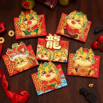 6 шт. Красный конверт с китайским драконом, Весенний фестиваль, Денежный пакет на удачу, Новогодний подарок, Красные пакеты Hong Bao для посещения родственников