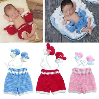 Реквизит для фотосъемки новорожденных, костюм для фотосъемки, боксерские перчатки, шорты, вязаная крючком одежда, комплект боксерских перчаток и штанов