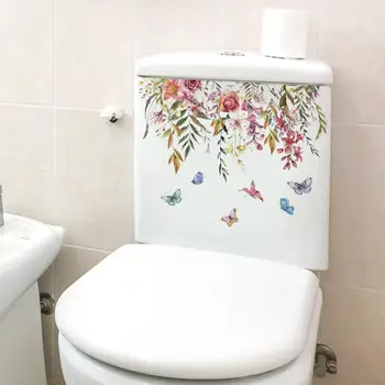 Наклейка на туалет с цветочным рисунком, яркая наклейка на туалет с бабочкой, долговечная наклейка из ПВХ для домашнего украшения ванной комнаты, милая