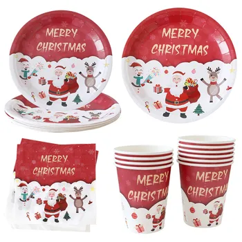 Веселая Рождественская Вечеринка Одноразовая Посуда Санта Клаус Лось Снеговик Бумажные Тарелки Чашки Салфетки Для Новогодних Принадлежностей 2024 Года