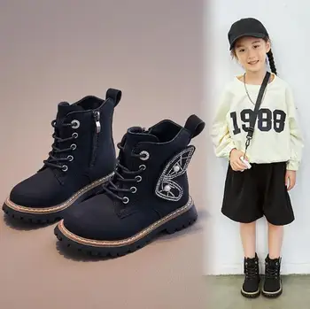 2023 Новые Модные Кожаные ботинки для девочек с боковой молнией, Крутые Универсальные детские Ботильоны, Дышащие Зимние детские Снегоступы, кроссовки