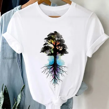 Модная акварельная модная одежда с короткими рукавами, Летний топ, футболка с рисунком мультяшного дерева, женская футболка с принтом, базовая футболка.
