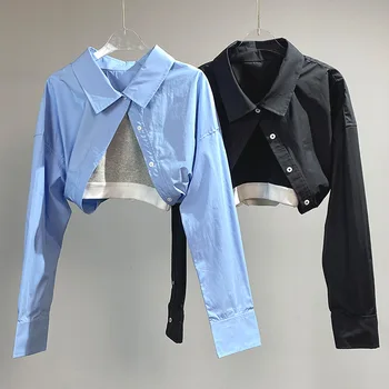 Поддельная короткая блузка из двух частей для женщин, приталенная, с длинными рукавами, женская, Осень 2023, Новая трендовая рубашка с отложным воротником, топ