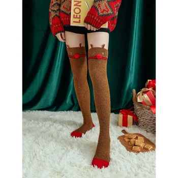 2 пары коралловых бархатных носков выше колена, Мультяшные длинные женские Рождественские носки, теплые домашние носки для сна, месячные носки