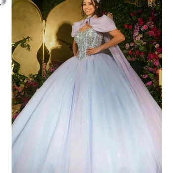 Бальное платье с блестящими кристаллами, расшитое бисером, Пышные платья с накидкой и корсетом в виде сердечка, Vestidos De 15 Años