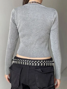 Женские трикотажные топы в рубчик с круглым вырезом и вышивкой в виде звезд, облегающие футболки, серый свитер в стиле гранж