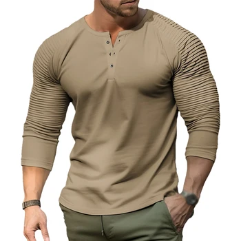 Модная мужская одежда Футболки Henley Neck Slim Fit Однотонный Базовый пуловер с откидными плечами, футболка для мужчин