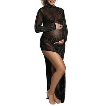 Платье для фотосессии по беременности и родам, платье для фотосессии со стразами, облегающее сетчатое платье для фотосессии в душе ребенка, сексуальное прозрачное платье Макси с длинным рукавом.