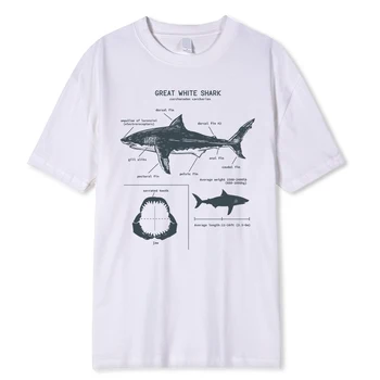Футболка Great White Shark Anatomy, Новая летняя мужская уличная футболка с коротким рукавом в стиле хип-хоп, панк, повседневные топы для мальчиков, модные белые футболки