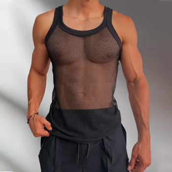 Мужская сетчатая футболка без рукавов, сексуальная прозрачная бесшовная майка с круглым вырезом, негабаритная пляжная уличная одежда с эластичными мышцами Pollover