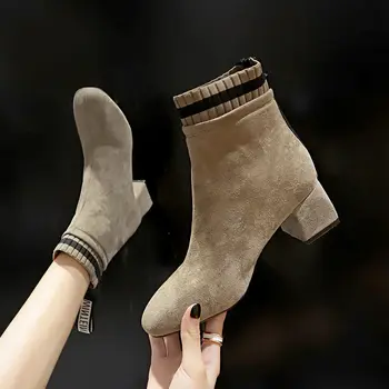 Пинетки, эластичные Элегантные короткие туфли на среднем каблуке для женщин, обувь с носками, Замшевые женские ботильоны, Новинка в продаже, Зима 2023