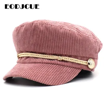 Модная вельветовая военная шляпа Осень-зима, винтажный берет, кепка для женщин, повседневная уличная одежда, кепка с плоским верхом на веревке, женская кепка-кепка