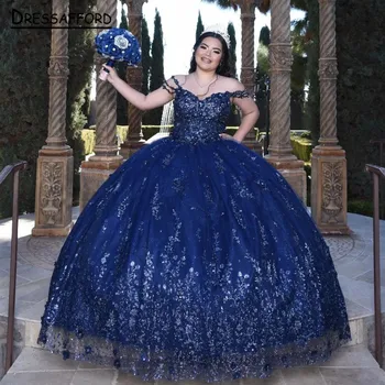 Королевское синее пышное платье Sweet 15 Платье с открытыми плечами Бальное платье с цветами Платья для выпускного вечера 2023 Корсет Золушки