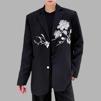 Мужские блейзеры с вышивкой в китайском стиле, Повседневные костюмы на пуговицах с длинным рукавом и лацканами, Осенняя уличная одежда, Модная Универсальная верхняя одежда