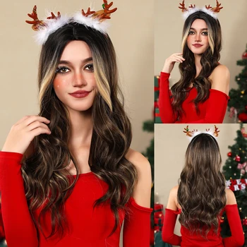 Волнистые коричневые парики с подсветкой для женщин, средняя часть, длинные мягкие синтетические волосы, Рождественская вечеринка, ежедневные парики высокой плотности, термостойкие