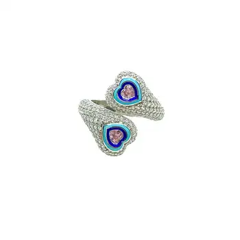 Синее эмалированное кольцо с двойным кубическим цирконием в форме сердца CZ с открытой регулировкой на весь палец для женщин