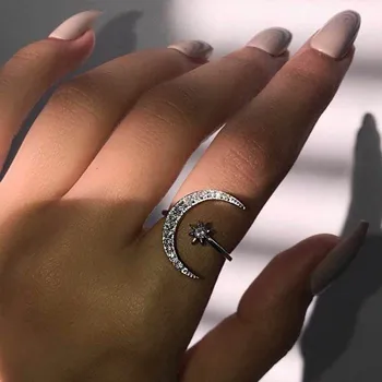 Корейское модное кольцо на палец, кольца со Звездой и Луной Для женщин, Ювелирные изделия для свадебной вечеринки, Кристалл, Металлический Цветок, Открывающее Обручальное кольцо