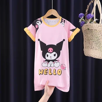 Пижама Sanrio Kuromi с длинной юбкой, летнее повседневное платье для девочек, длинная футболка с короткими рукавами для маленьких девочек, детская ночная рубашка