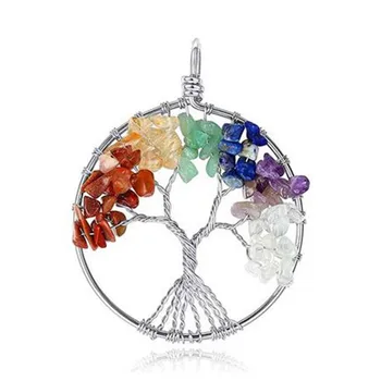 Ожерелье с деревом Жизни, подвеска из натурального камня, исцеляющий Кристалл 7 чакр, Кварцевый Рейки, круглое ожерелье с подвеской для женщин, мужские украшения