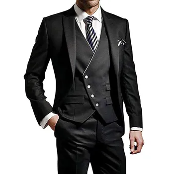 Элегантный мужской костюм (куртка + жилет + брюки) Черное Свадебное Платье Жениха Высокого Качества, Деловой Банкетный Блейзер, Мужские Брючные Костюмы из 3 Частей