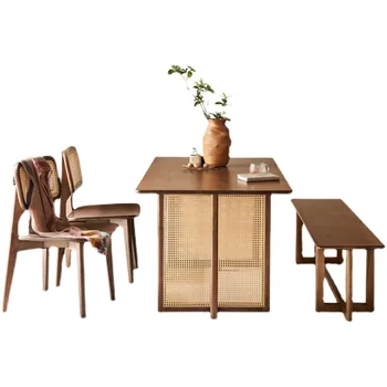 Сочетание обеденного стола и стула из ротанга в скандинавском стиле, белого воскового дерева, современный и простой обеденный стол для дома из массива дерева