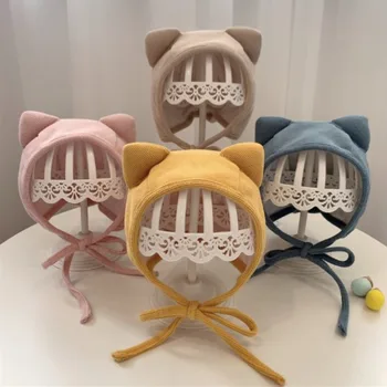 Милая детская шапочка с мультяшными кошачьими ушками для мальчика и девочки, шапочки для защиты ушей, однотонные детские шапочки-бини, теплая шапочка для новорожденных