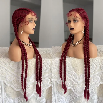 Бордово-красный цвет, 4 коробки косичек, синтетический парик на кружеве, плетеный вручную из термостойкого волокна, кружевной парик для чернокожих женщин