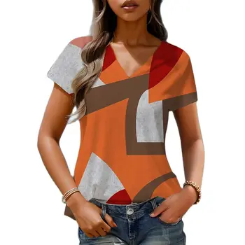 2023 Летняя Женская футболка 5XL, Винтажный Повседневный Модный Пуловер С V-образным вырезом И Коротким Рукавом, Свободные Повседневные Топы Y2k, Дизайнерская одежда