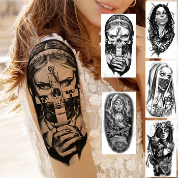 Временные татуировки большого гангстера в маске Для женщин, взрослых мужчин, перекрестный пистолет, скелет, компас, накладная татуировка, боди-арт, тату-бумага