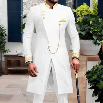 Африканский мужской костюм с Воротником-стойкой И Длинной Вышивкой, 2 предмета, Приталенный Формальный Свадебный Смокинг для Жениха 2024 (Куртки + Брюки)