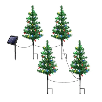 4 комплекта солнечных маленьких рождественских елочных гирлянд, фонарь, мини-рождественская елка с подсветкой для наружных дорожек, крыльца, украшения двора, прочный