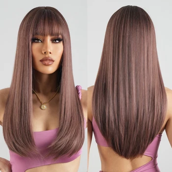 Розовые Светло-фиолетовые синтетические длинные прямые парики для косплея, коричневые парики из искусственных волос с пышной челкой для женщин, повседневная вечеринка, Термостойкие