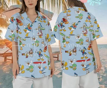 Забавная гавайская рубашка с Дональдом Даком, рубашка Disney Hawaii, рубашка для летних каникул, рубашка для пляжного серфинга, модная винтажная рубашка на пуговицах