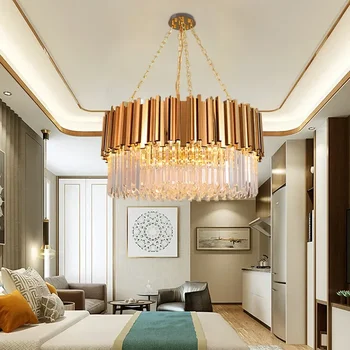 Золотая Современная хрустальная люстра для гостиной, Роскошная круглая / прямоугольная подвесная лампа, Домашние светодиодные светильники Cristal на цепочке