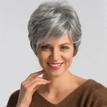 Синтетический парик Granny Grey для женщин среднего возраста, короткие вьющиеся волосы, пушистая челка для женщин, повседневное использование натуральных париков для вечеринок