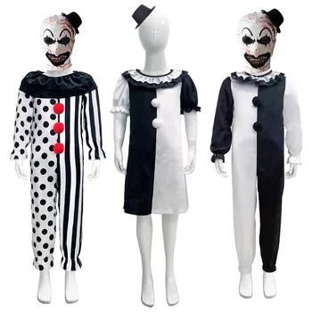 Ужасающее платье клоуна, детский косплей-костюм клоуна на Хэллоуин с маской, шляпа, детский комбинезон, наряды для мальчиков и девочек, карнавальная вечеринка