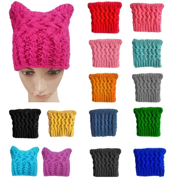 BomHCS Вязаная шапка ручной работы с кошачьими ушками, шапочка для женщин и девочек, зимние толстые теплые шапки