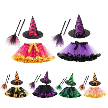 Костюмы ведьмы на Хэллоуин, тюлевая юбка, платье на Хэллоуин со шляпой ведьмы, реквизит для ведьминой метлы и юбка-пачка на Хэллоуин, комплект костюмов из 3 предметов