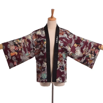 Женское кимоно, винно-красное пальто, повседневная блузка в японском стиле аниме, Свободная шаль, Накидка, Винтажный кардиган, темно-синий жакет 2020 г.